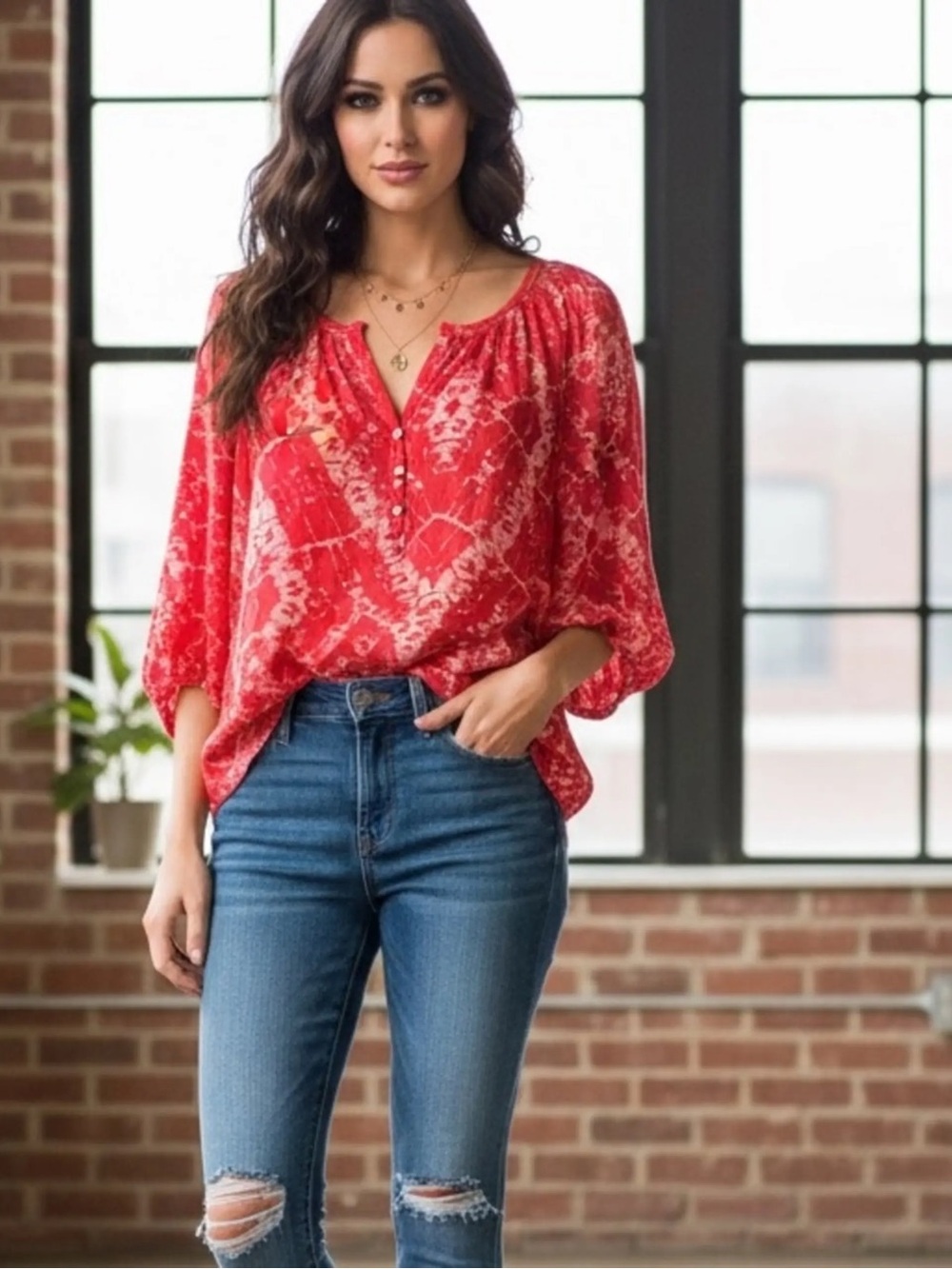Rebecca Taylor Red Printed Peasant Tunic Top
